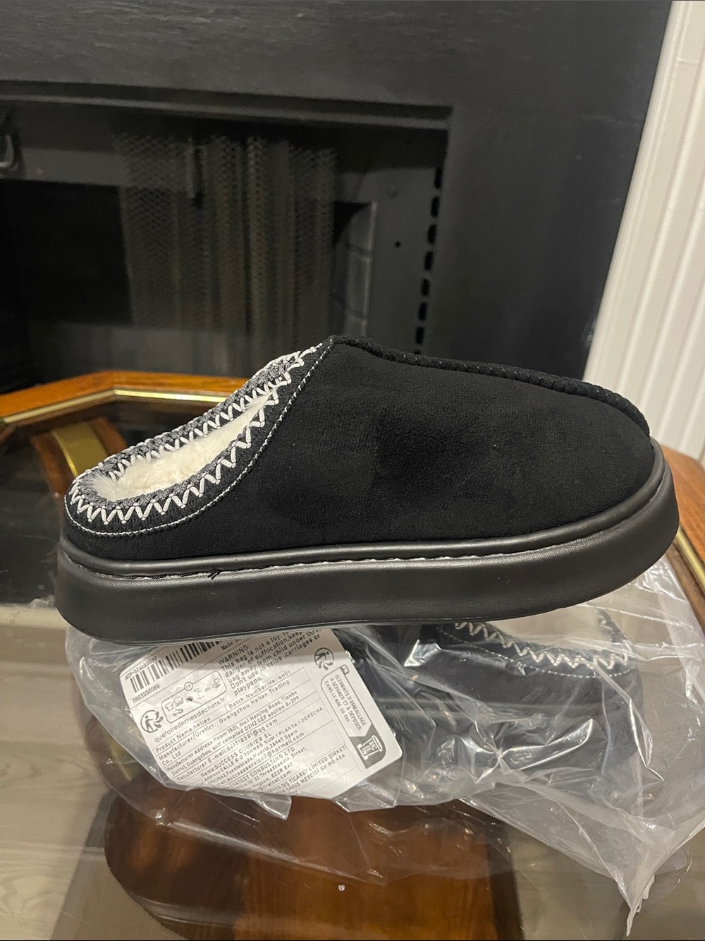 dearfoams Black Faux-Suede Slip-On Clog with Cream Lining